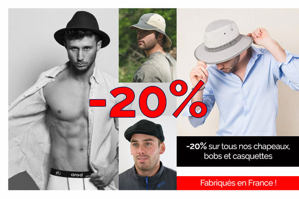 20% de remise sur tous nos chapeaux, bobs et casquettes